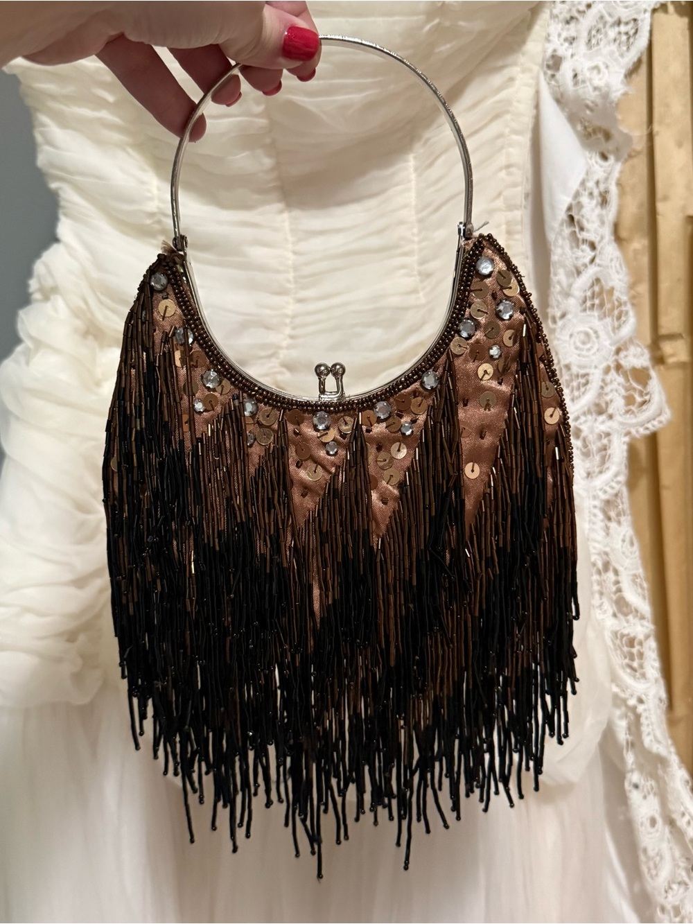 Brown and Black Beaded Fringe Handbag